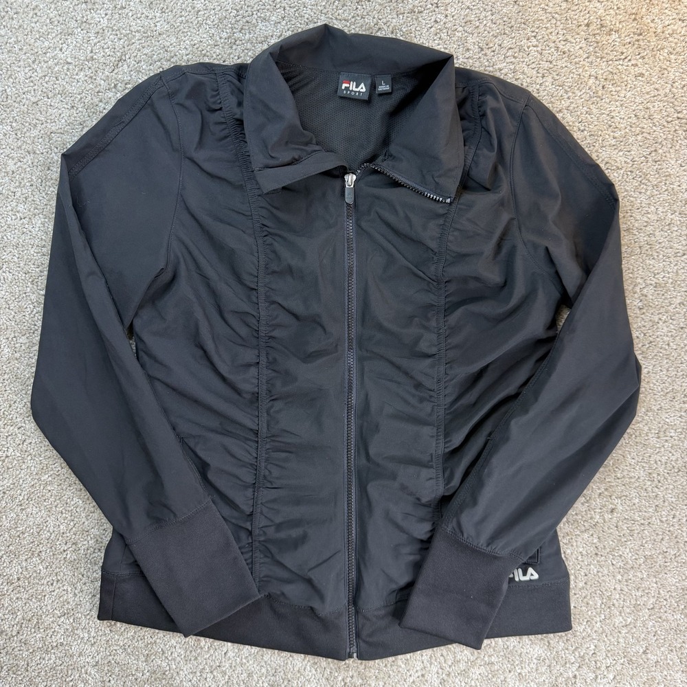 Fila Sport Track Jacket Womens Large Black Full Zip Lightweight Collared Active